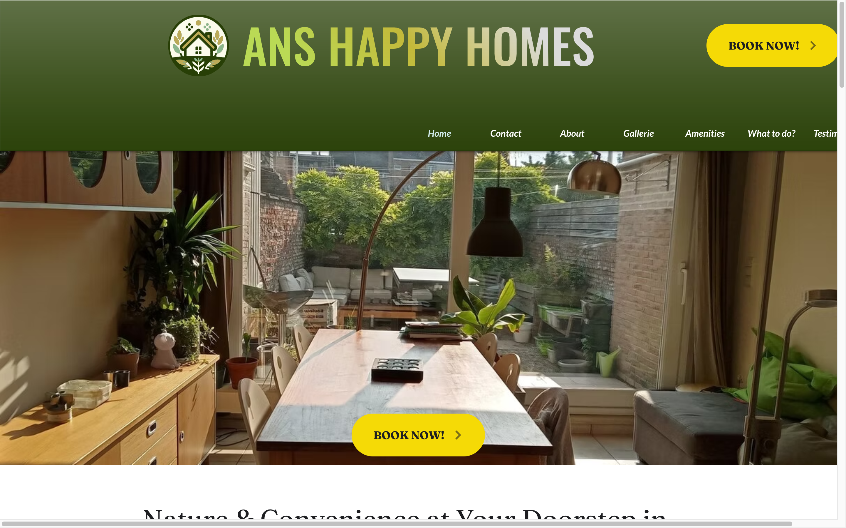 Screenshot of Ans Happy Homes, a Mechelen holiday rental with a custom laurel-wreath logo, olive-green header, and a full-bleed photo of the property's dining area looking out to the garden.