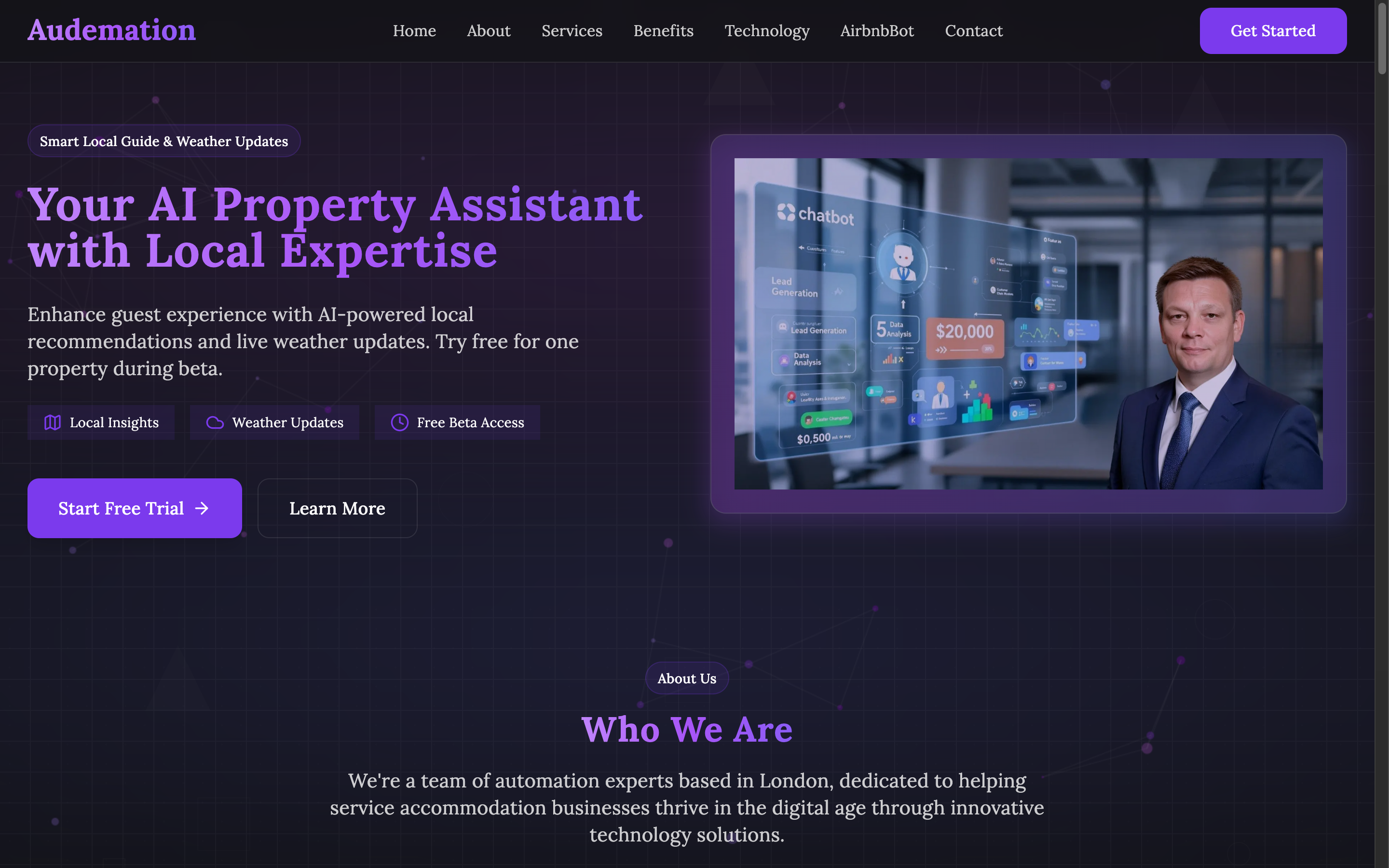 Screenshot of the previous audemation.com — an Airbnb chatbot service