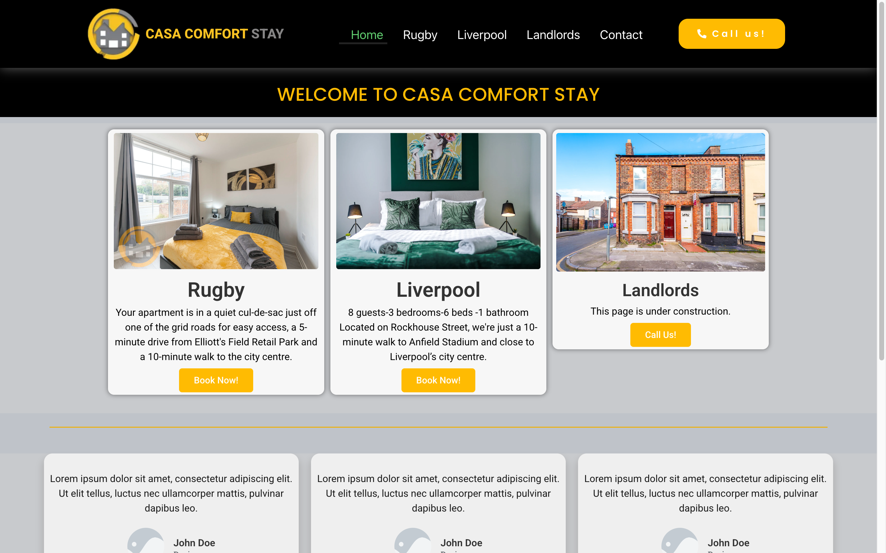 Screenshot of Casa Comfort Stay, a serviced-accommodation site with a black and amber brand, custom crown logo, and three property cards (Rugby, Liverpool, Landlords).