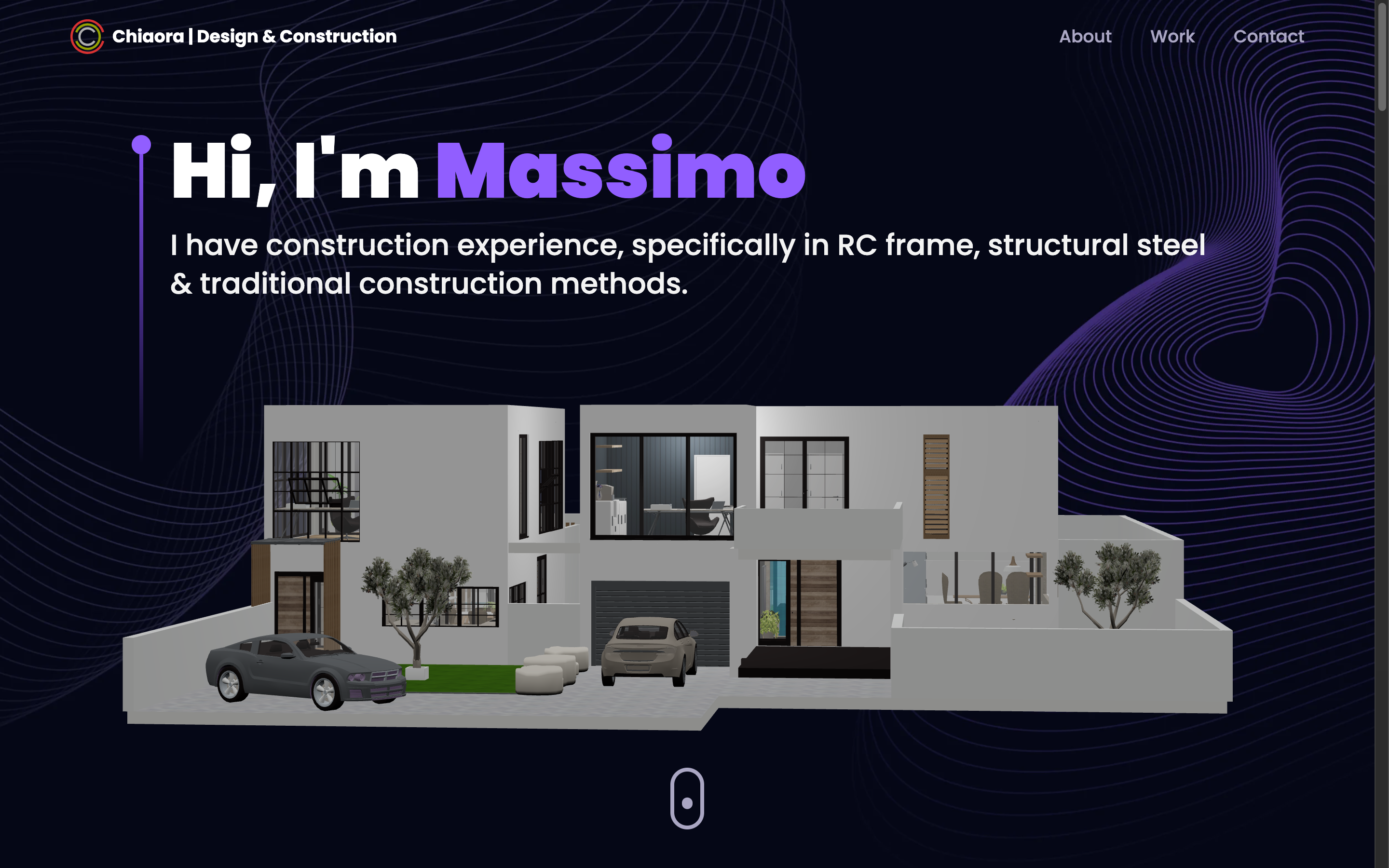 Screenshot of the Chiaora 3D motion prototype, a dark website with a 3D rendered modern house as the hero, purple topography lines flowing through the background, and the headline Hi, I'm Massimo.